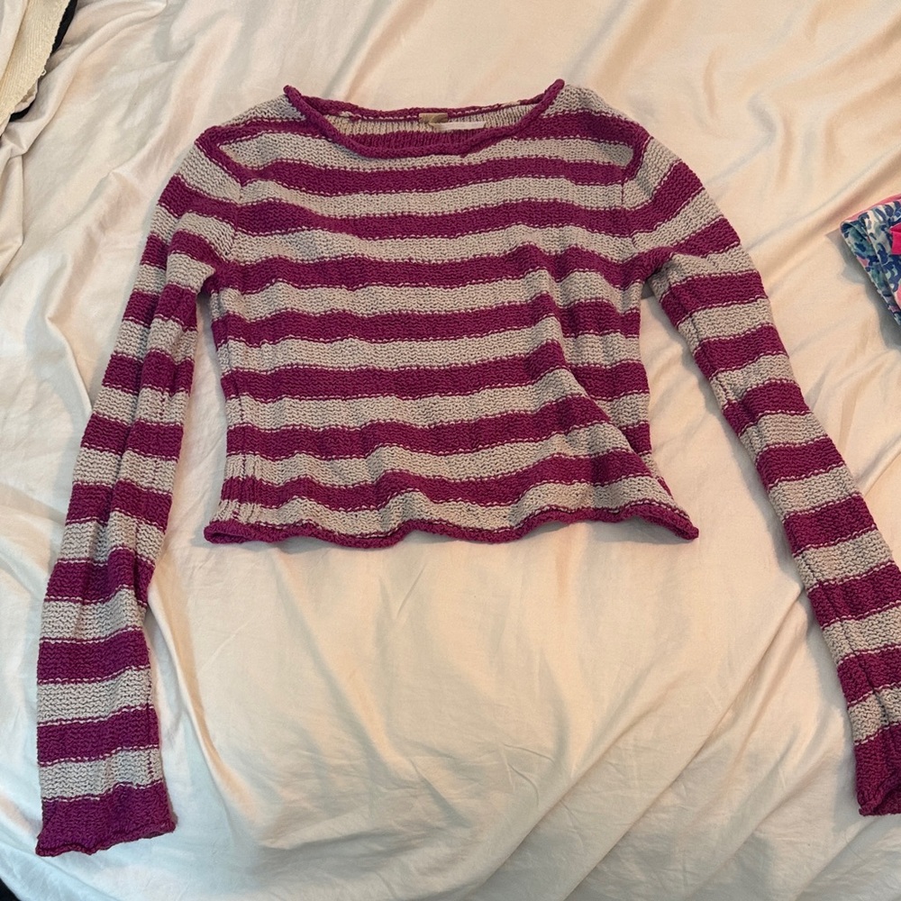 Free People Purple and Cream Striped Top